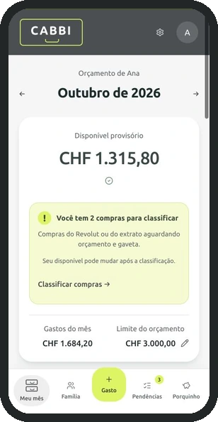 Tela Meu mês do CABBI no celular, com dados de exemplo