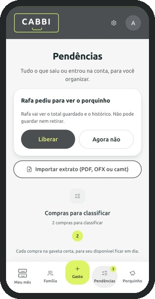 Tela Pendências do CABBI no celular, com dados de exemplo