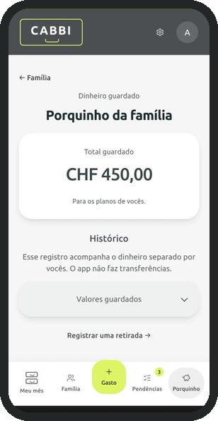 Tela Porquinho do CABBI no celular, com dados de exemplo